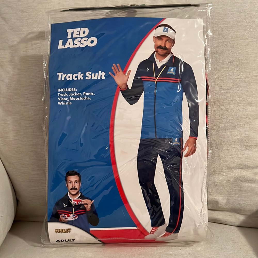 ADULT TED LASSO TRACK SUIT COSTUME, SIZE LARGE, NEW